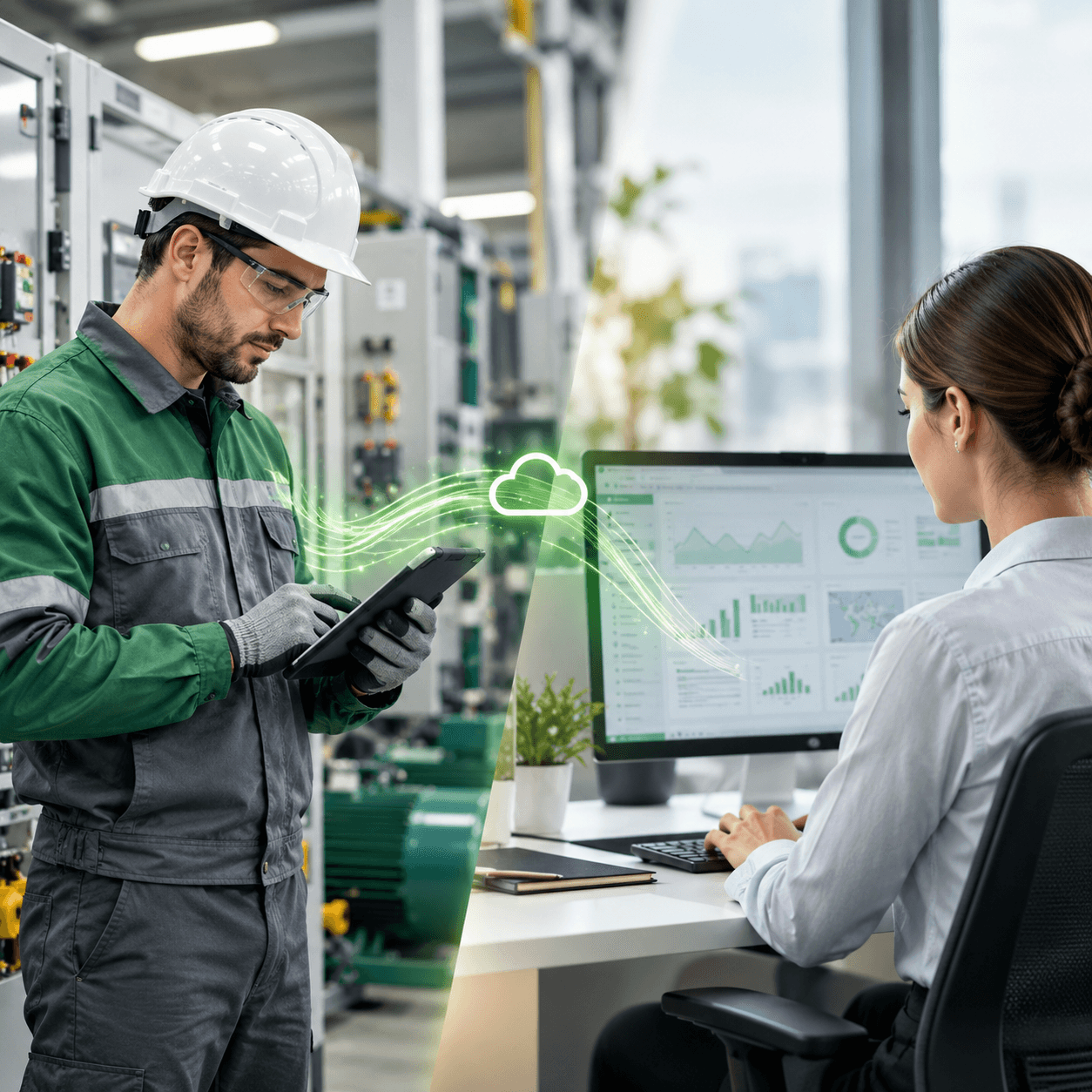Un técnico de mantenimiento registra su visita en una tableta dentro de la planta mientras la información viaja a la nube y una administradora revisa los indicadores del servicio en el dashboard de GEMAOS desde la oficina