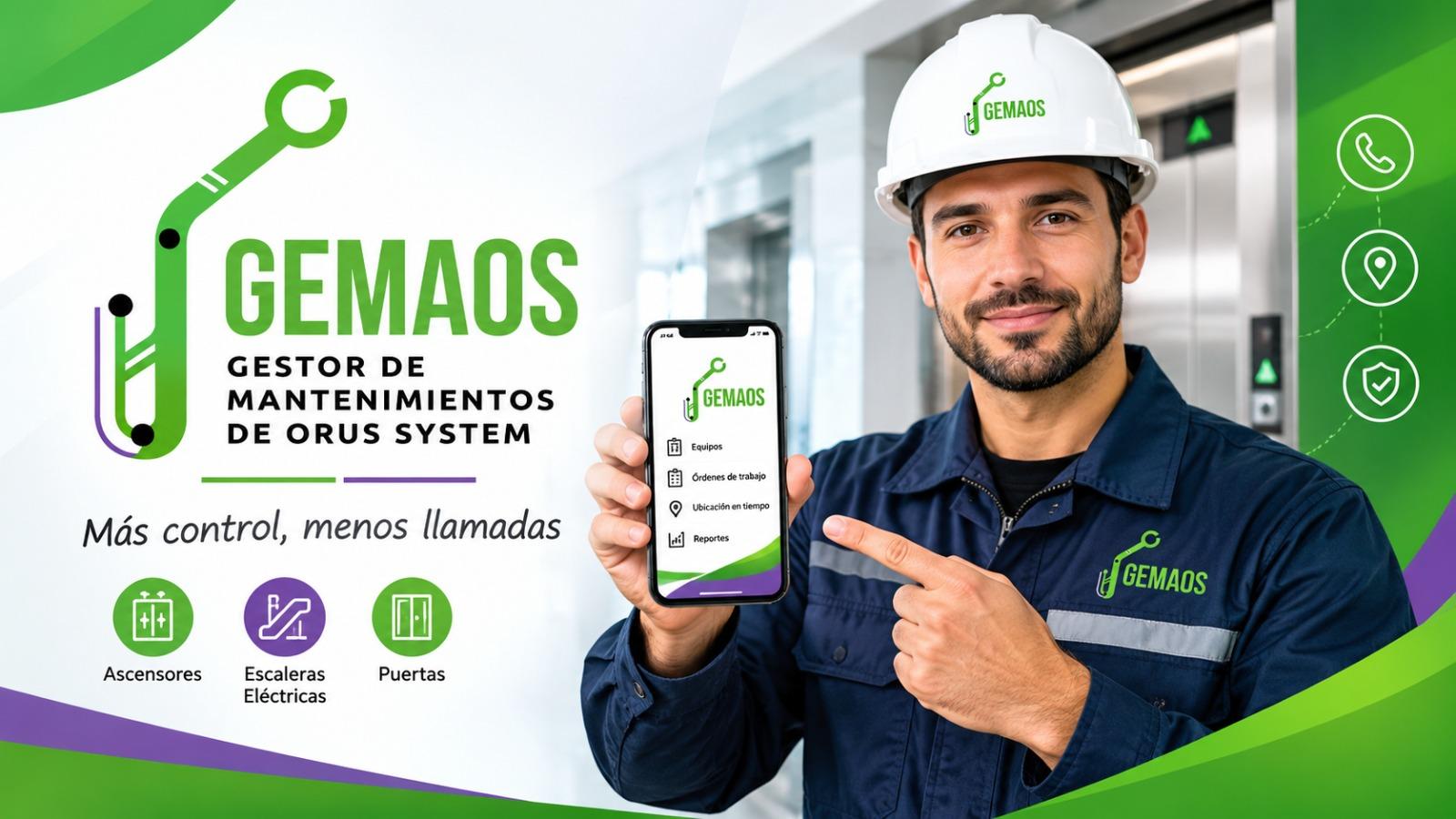 Pieza promocional de GEMAOS, el gestor de mantenimientos de Orus System: un técnico con casco muestra en su celular la aplicación con los módulos de equipos, órdenes de trabajo, ubicación y reportes, junto a los íconos de ascensores, escaleras eléctricas y puertas